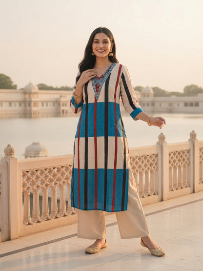 Geometric Striped Print Sequin Straight Kurta with Pant - Blue & Cream