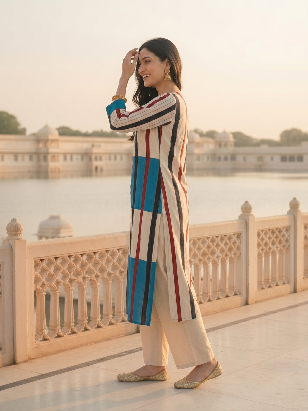 Geometric Striped Print Sequin Straight Kurta with Pant - Blue & Cream