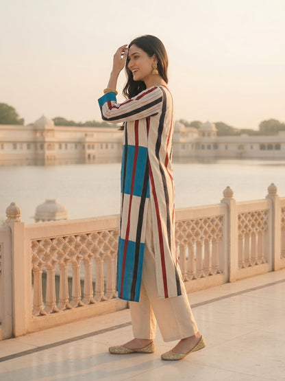 Geometric Striped Print Sequin Straight Kurta with Pant - Blue & Cream