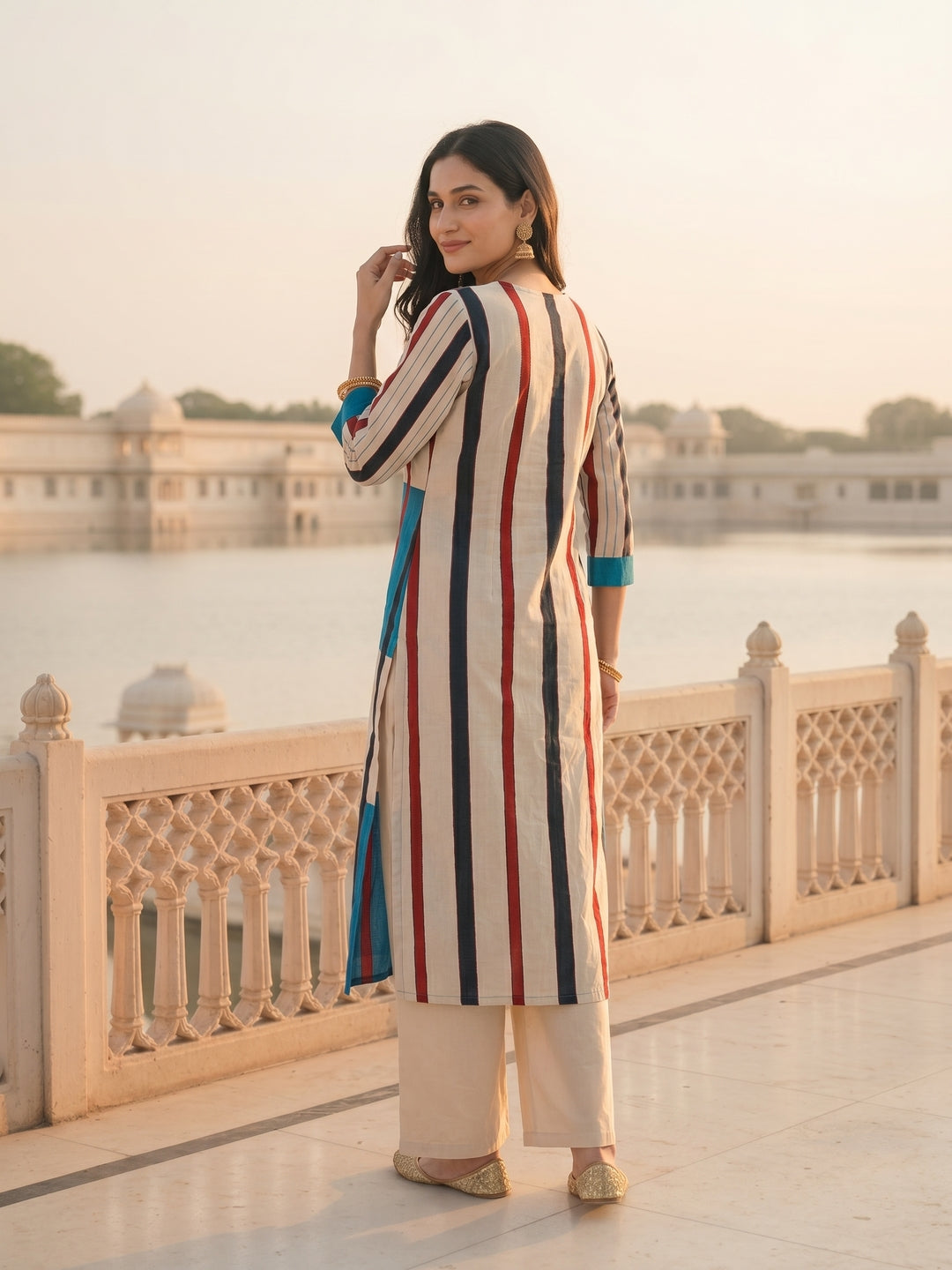Geometric Striped Print Sequin Straight Kurta with Pant - Blue & Cream