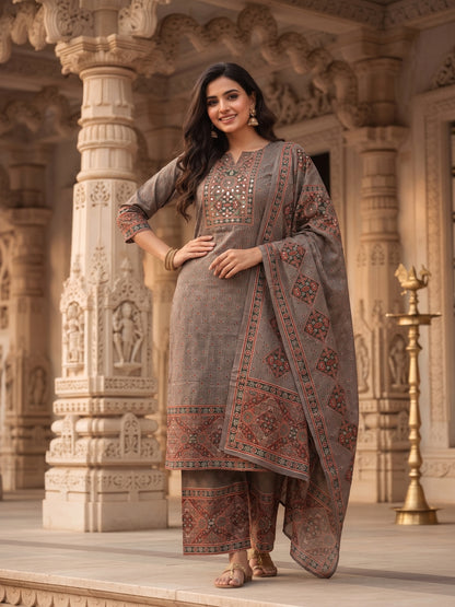 Ethnic Print Mirror Work Straight Kurta with Pant & Dupatta - Grey