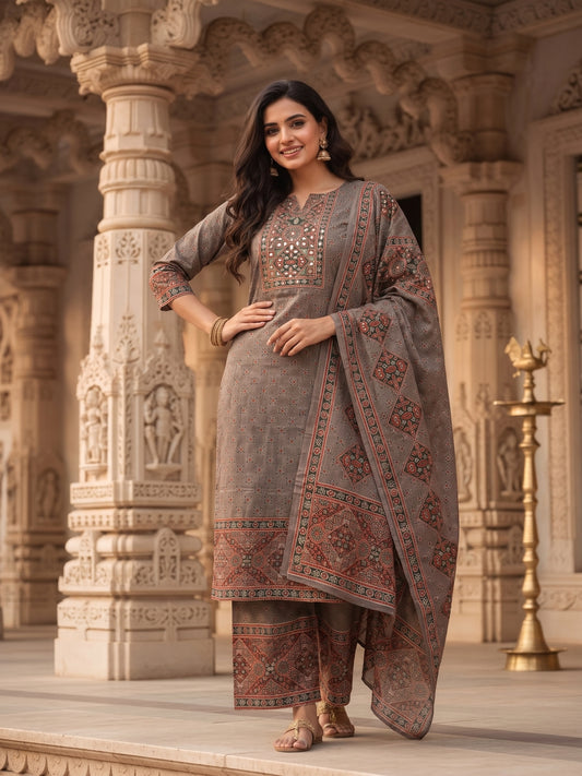 Ethnic Print Mirror Work Straight Kurta with Pant & Dupatta - Grey