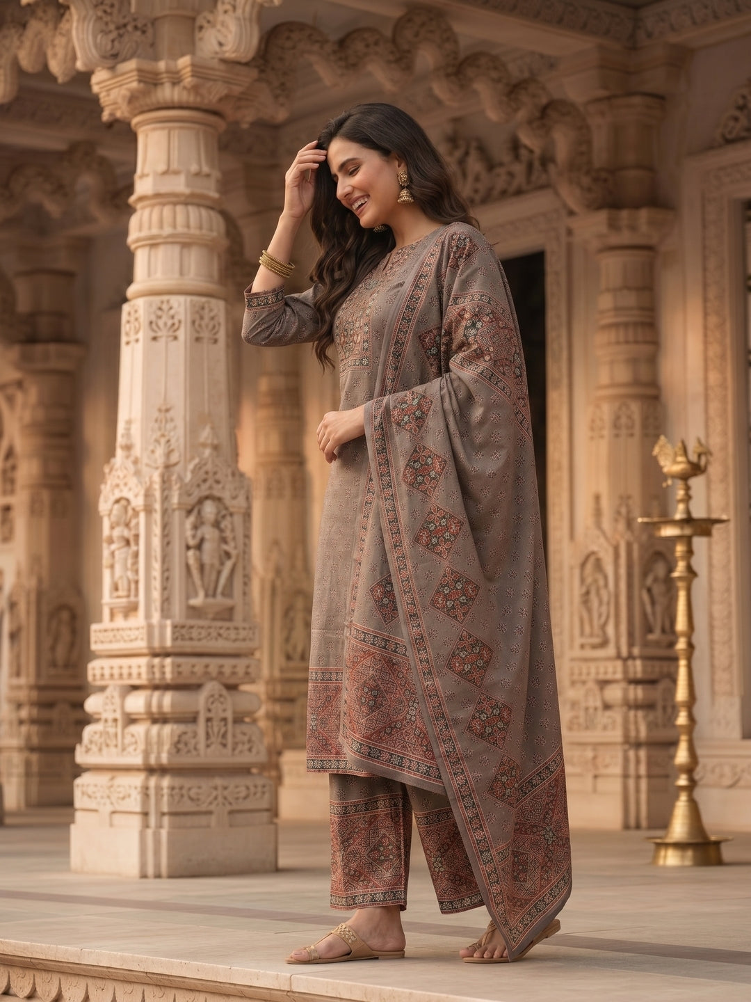 Ethnic Print Mirror Work Straight Kurta with Pant & Dupatta - Grey