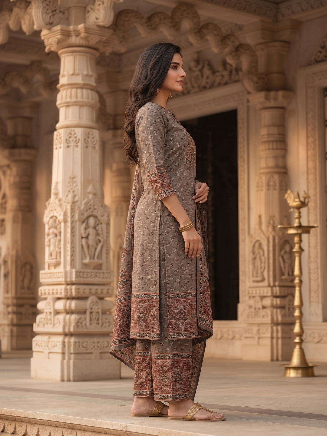 Ethnic Print Mirror Work Straight Kurta with Pant & Dupatta - Grey