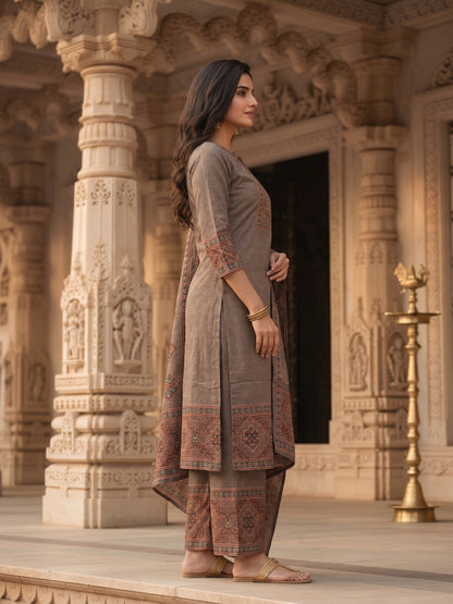 Ethnic Print Mirror Work Straight Kurta with Pant & Dupatta - Grey