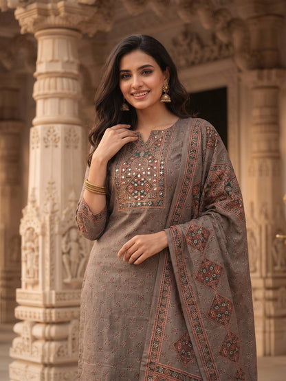 Ethnic Print Mirror Work Straight Kurta with Pant & Dupatta - Grey