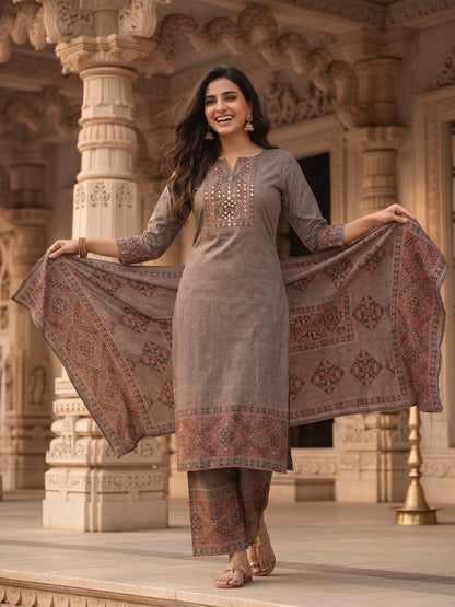 Ethnic Print Mirror Work Straight Kurta with Pant & Dupatta - Grey