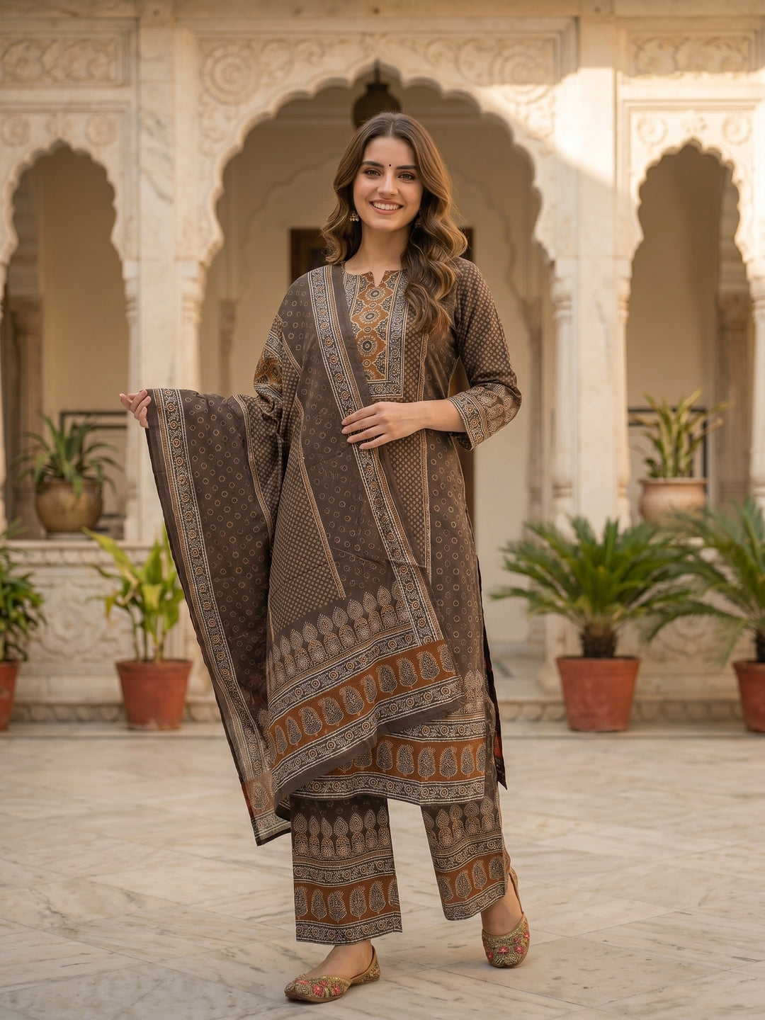 Ethnic Print Mirror Sequin Work Straight Kurta with Pant & Dupatta - Brown