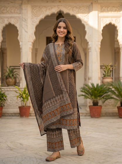 Ethnic Print Mirror Sequin Work Straight Kurta with Pant & Dupatta - Brown