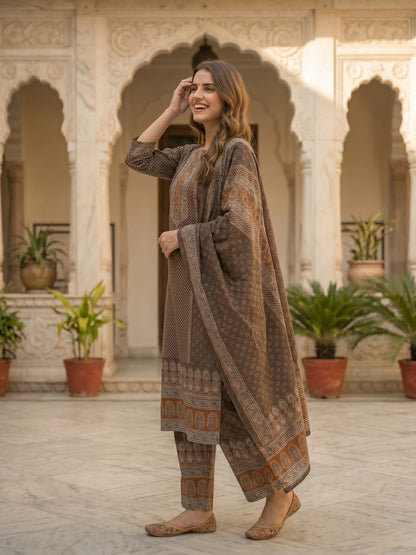Ethnic Print Mirror Sequin Work Straight Kurta with Pant & Dupatta - Brown
