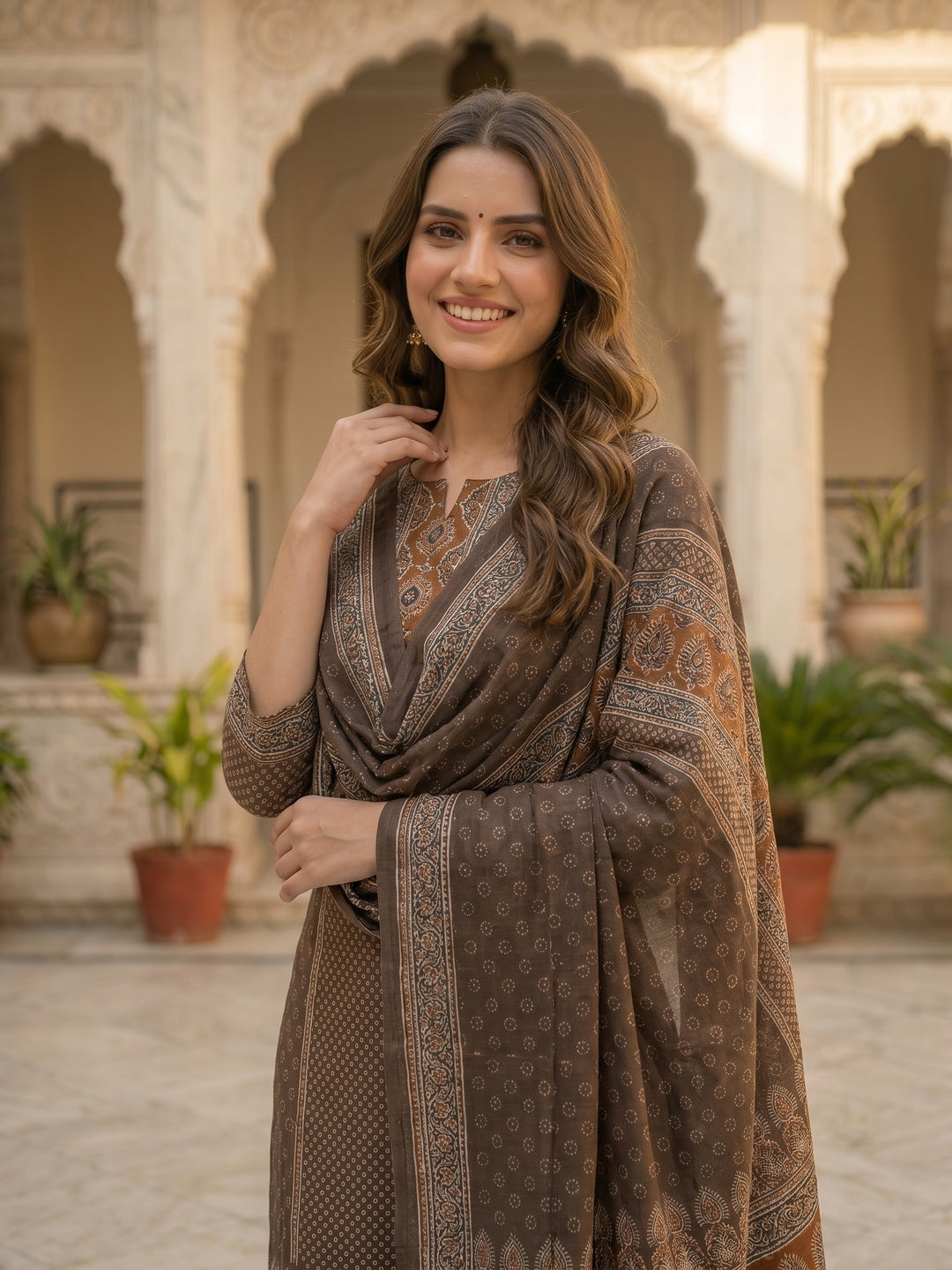 Ethnic Print Mirror Sequin Work Straight Kurta with Pant & Dupatta - Brown