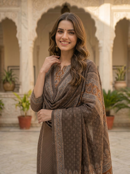 Ethnic Print Mirror Sequin Work Straight Kurta with Pant & Dupatta - Brown