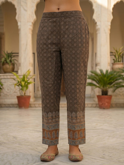 Ethnic Print Mirror Sequin Work Straight Kurta with Pant & Dupatta - Brown