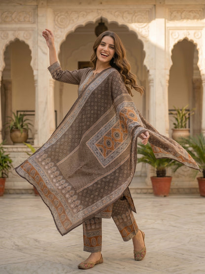 Ethnic Print Mirror Sequin Work Straight Kurta with Pant & Dupatta - Brown