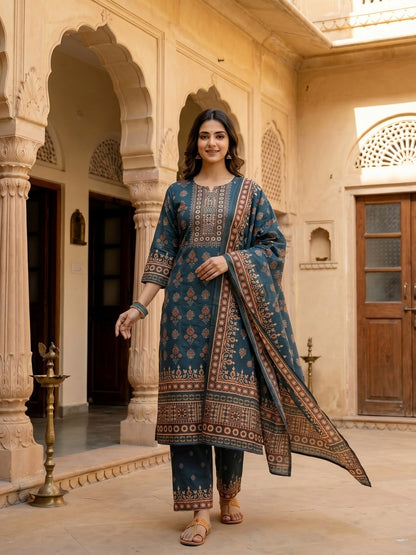 Ethnic Print Mirror Sequin Work Straight Kurta with Pant & Dupatta - Navy Blue