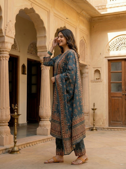 Ethnic Print Mirror Sequin Work Straight Kurta with Pant & Dupatta - Navy Blue