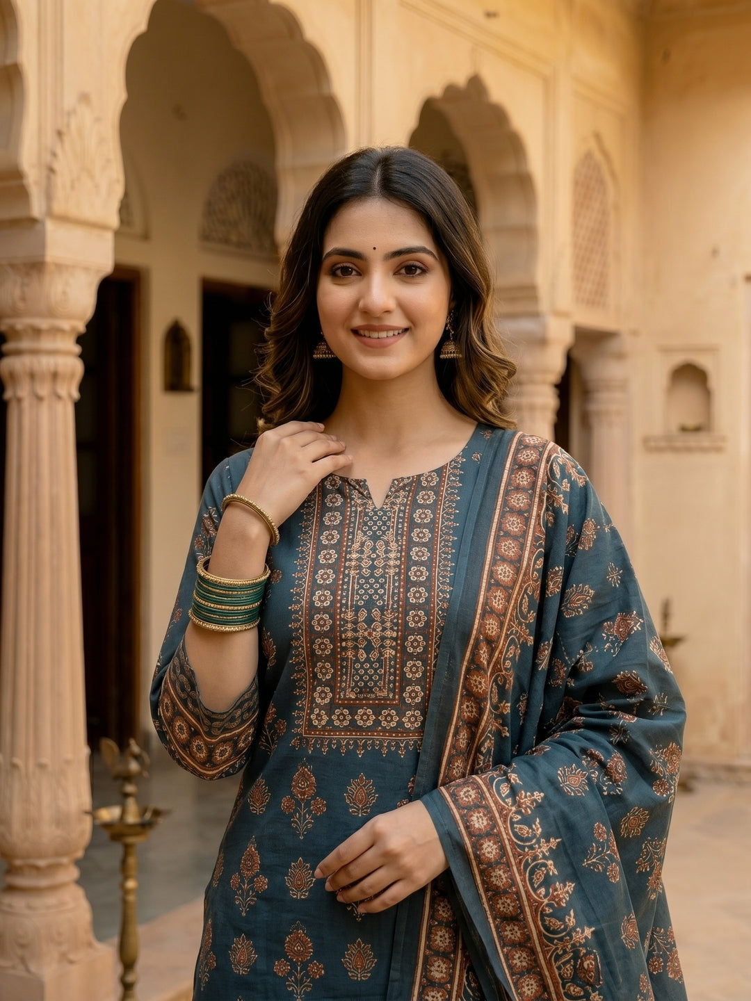 Ethnic Print Mirror Sequin Work Straight Kurta with Pant & Dupatta - Navy Blue