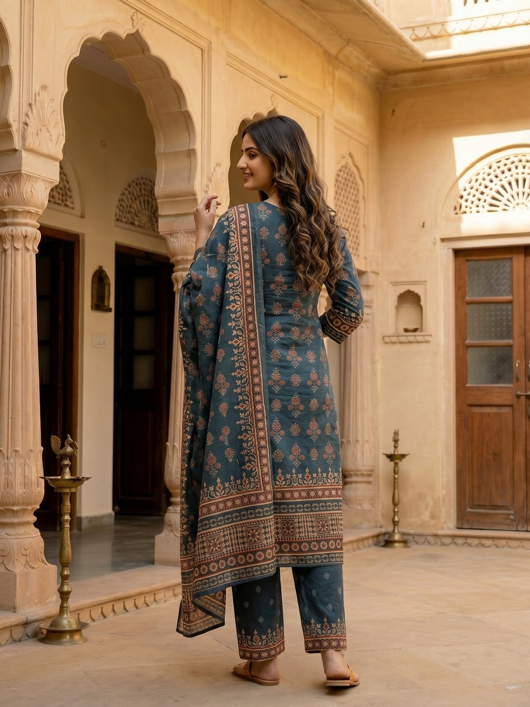 Ethnic Print Mirror Sequin Work Straight Kurta with Pant & Dupatta - Navy Blue