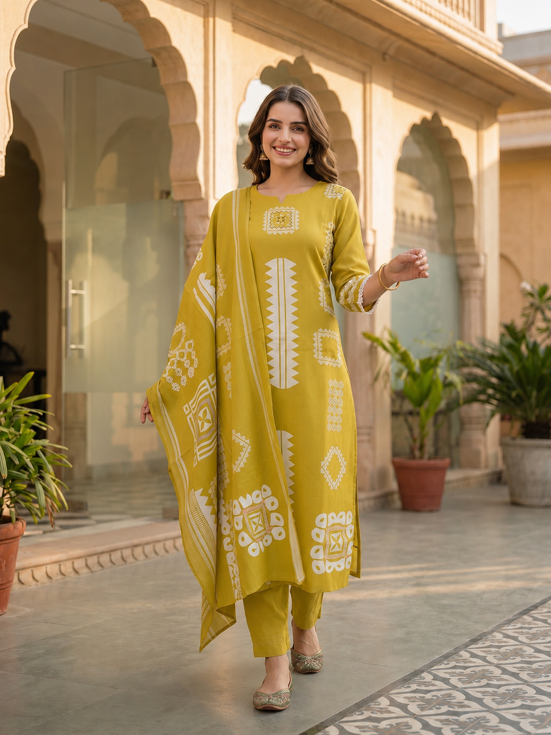 Abstract Print Mirror Work Straight Kurta with Palazzo & Dupatta - Lime Green