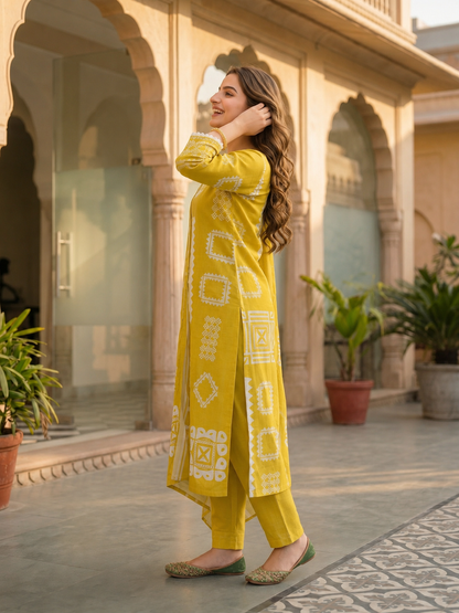 Abstract Print Mirror Work Straight Kurta with Palazzo & Dupatta - Lime Green