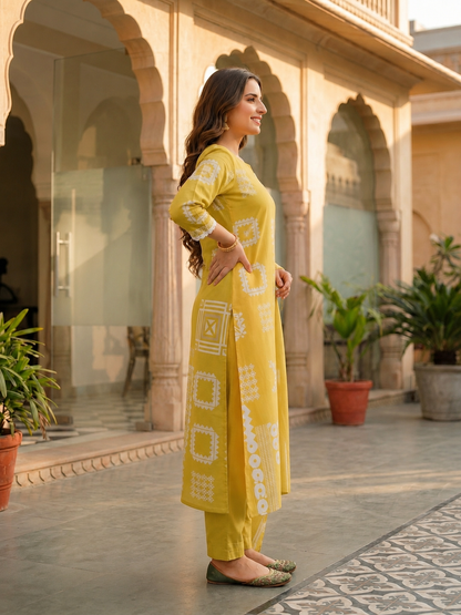 Abstract Print Mirror Work Straight Kurta with Palazzo & Dupatta - Lime Green