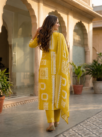 Abstract Print Mirror Work Straight Kurta with Palazzo & Dupatta - Lime Green