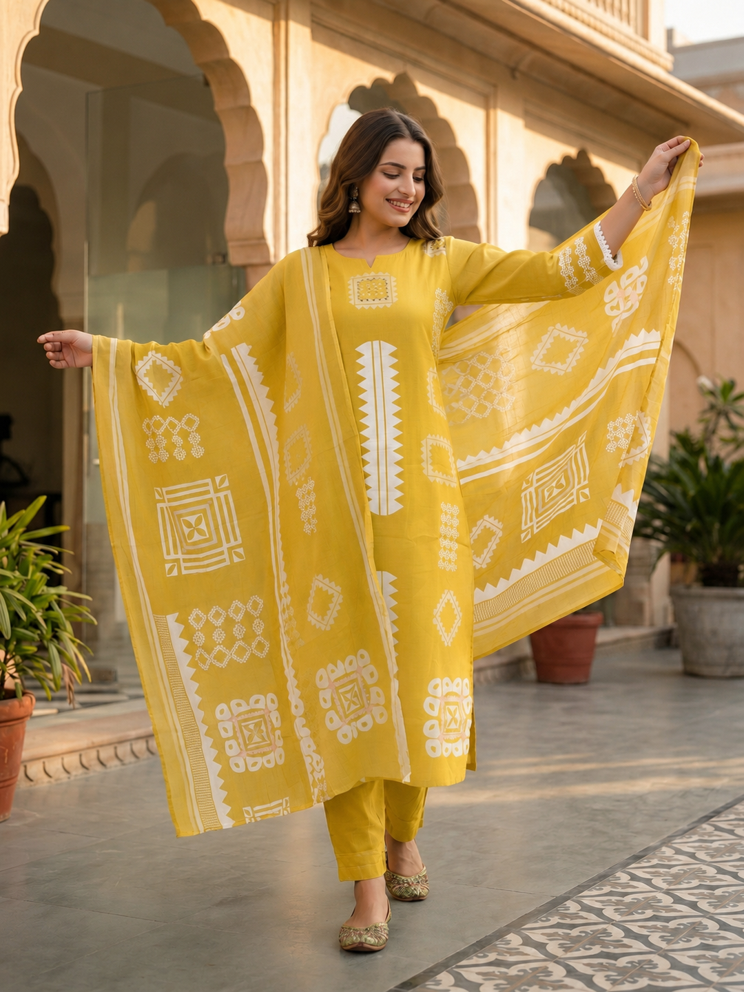 Abstract Print Mirror Work Straight Kurta with Palazzo & Dupatta - Lime Green