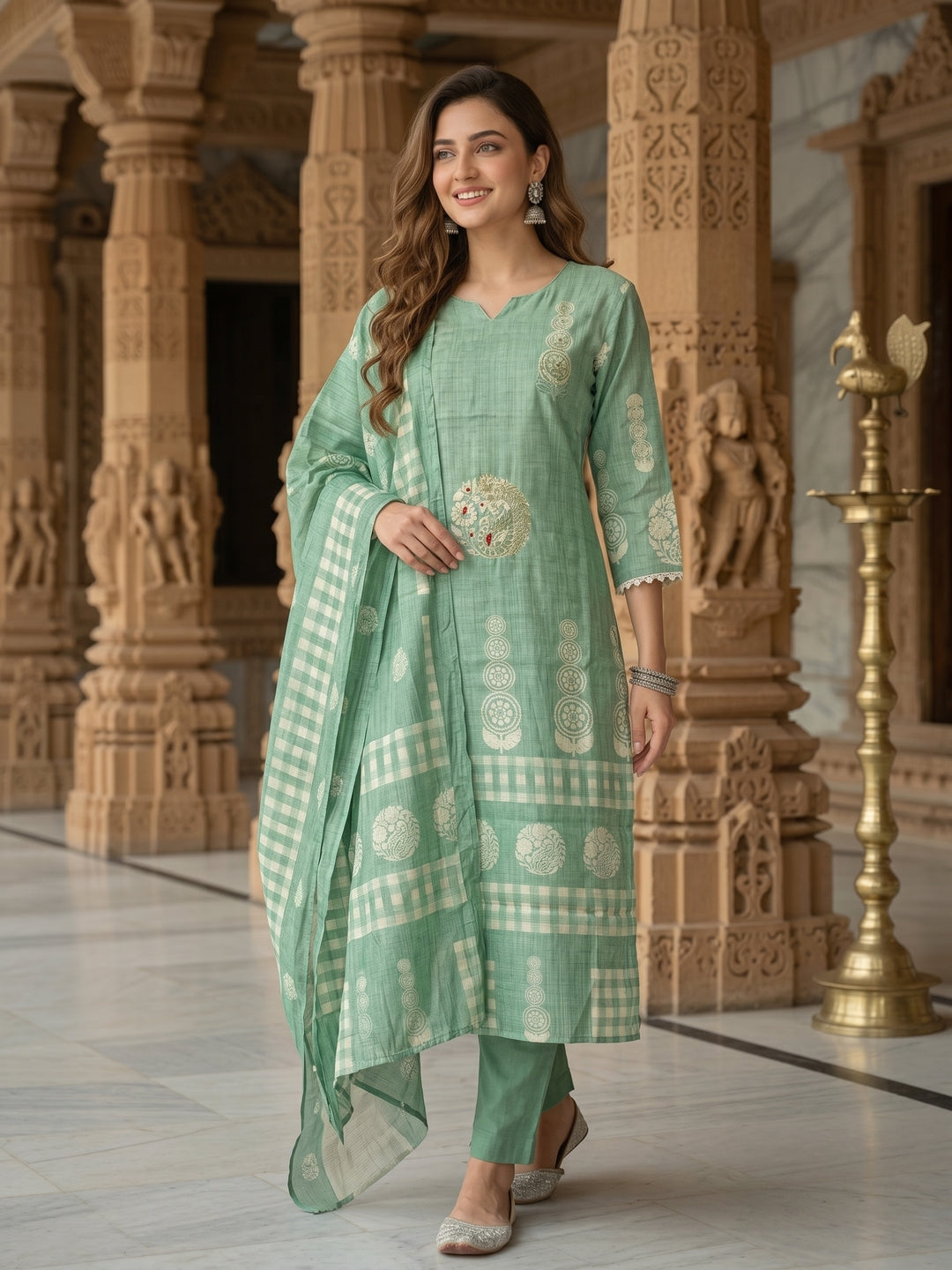 Mint Green Embroidered Kurta Set with Straight Pants & Dupatta