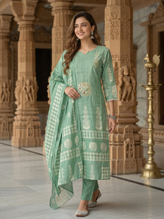 Mint Green Embroidered Kurta Set with Straight Pants & Dupatta