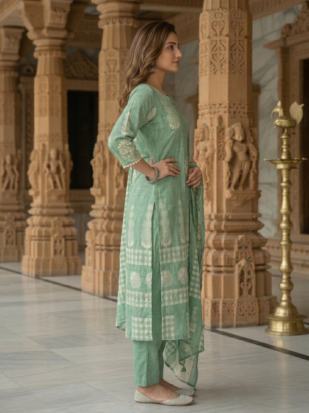 Mint Green Embroidered Kurta Set with Straight Pants & Dupatta
