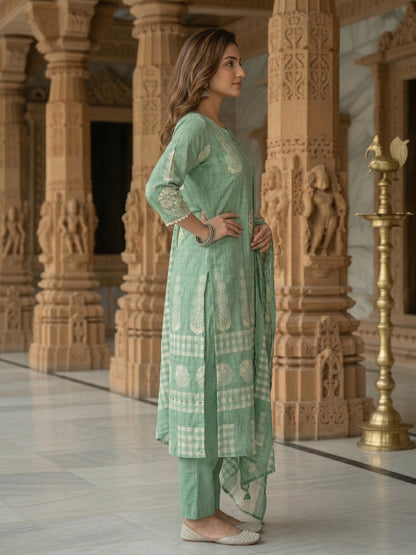 Mint Green Embroidered Kurta Set with Straight Pants & Dupatta