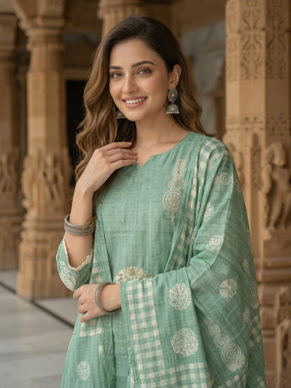 Mint Green Embroidered Kurta Set with Straight Pants & Dupatta