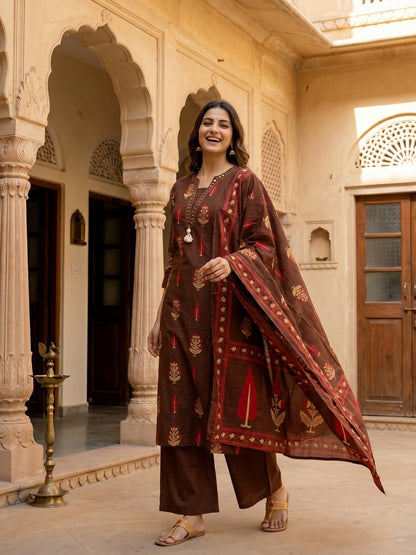 Ethnic Buta Printed & Mirror Work Straight Kurta with Palazzo & Dupatta - Brown
