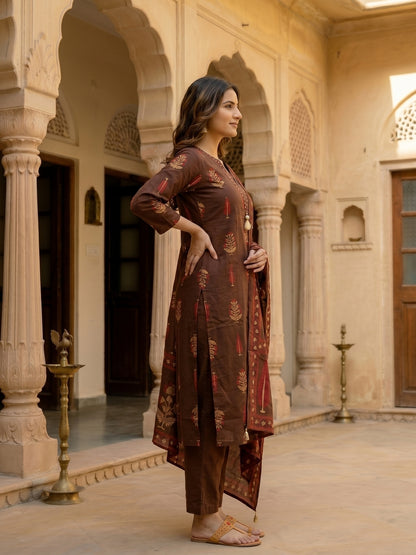 Ethnic Buta Printed & Mirror Work Straight Kurta with Palazzo & Dupatta - Brown