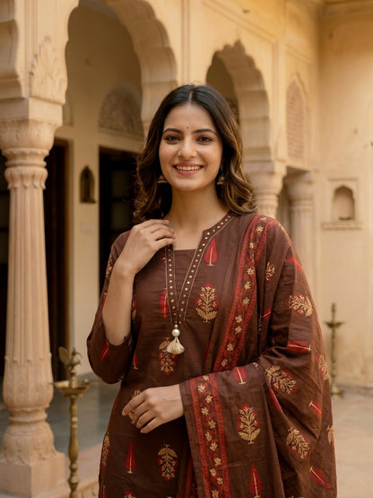 Ethnic Buta Printed & Mirror Work Straight Kurta with Palazzo & Dupatta - Brown