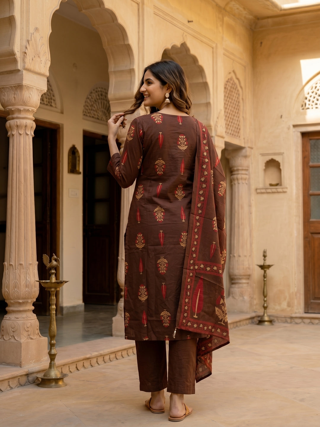 Ethnic Buta Printed & Mirror Work Straight Kurta with Palazzo & Dupatta - Brown