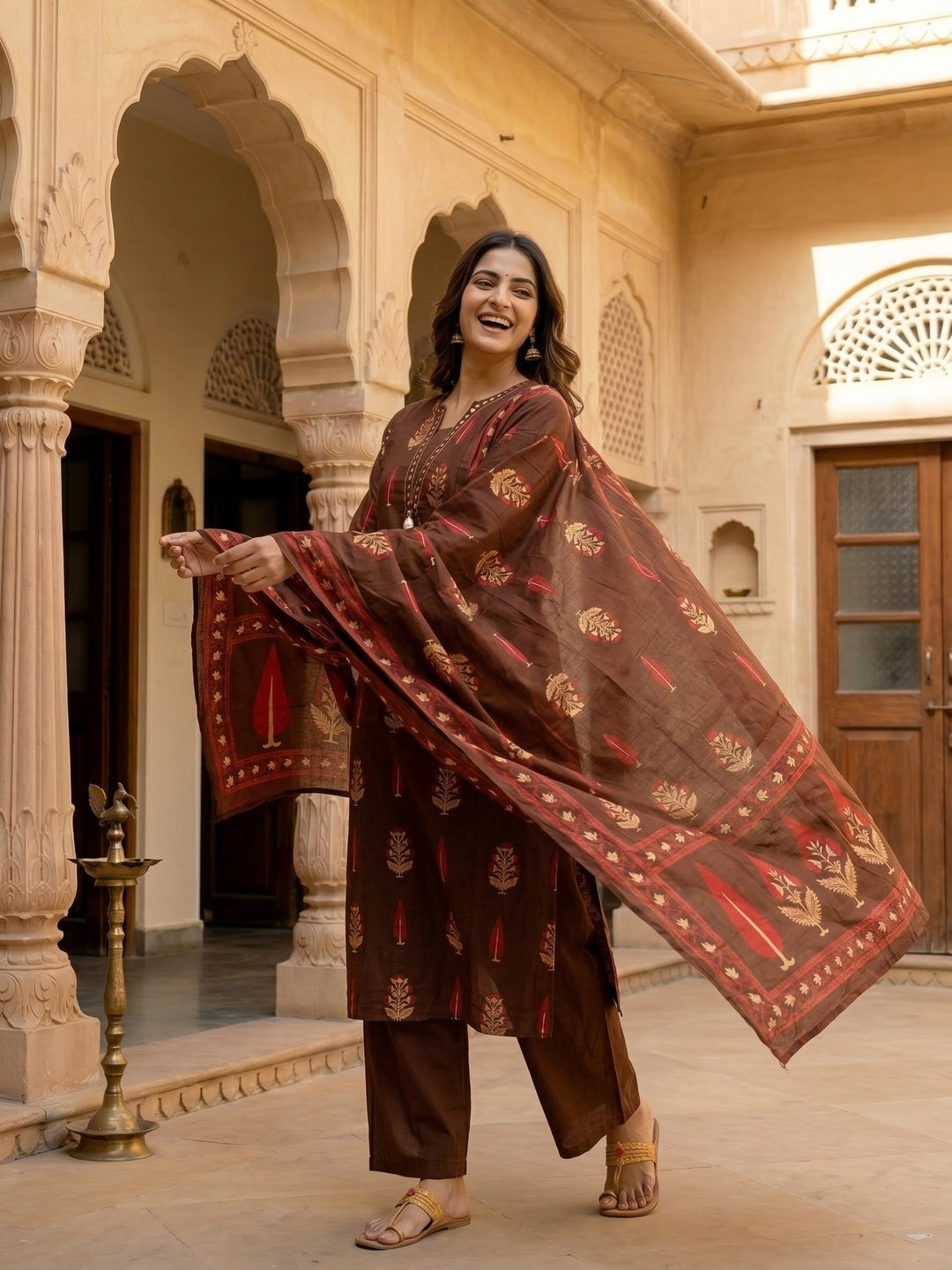 Ethnic Buta Printed & Mirror Work Straight Kurta with Palazzo & Dupatta - Brown