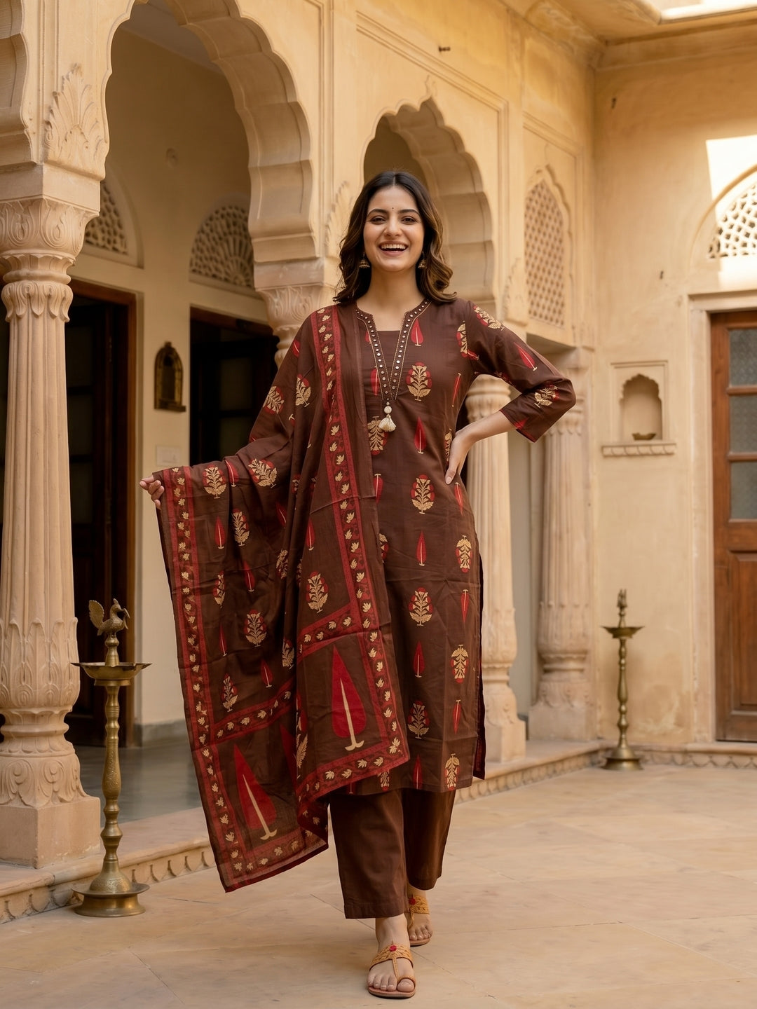 Ethnic Buta Printed & Mirror Work Straight Kurta with Palazzo & Dupatta - Brown
