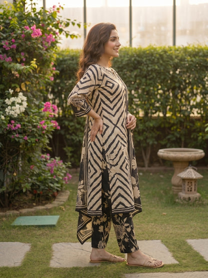 Geometric Abstract Print Mirror Work Straight Kurta with Pant & Dupatta - Black