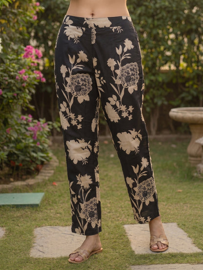 Geometric Abstract Print Mirror Work Straight Kurta with Pant & Dupatta - Black