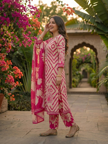 Geometric Abstract Print Mirror Work Straight Kurta with Pant & Dupatta - Pink