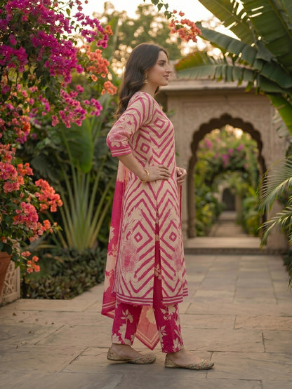 Geometric Abstract Print Mirror Work Straight Kurta with Pant & Dupatta - Pink
