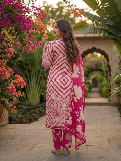 Geometric Abstract Print Mirror Work Straight Kurta with Pant & Dupatta - Pink