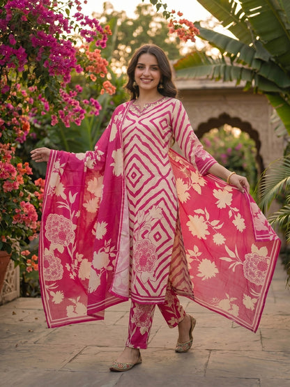 Geometric Abstract Print Mirror Work Straight Kurta with Pant & Dupatta - Pink