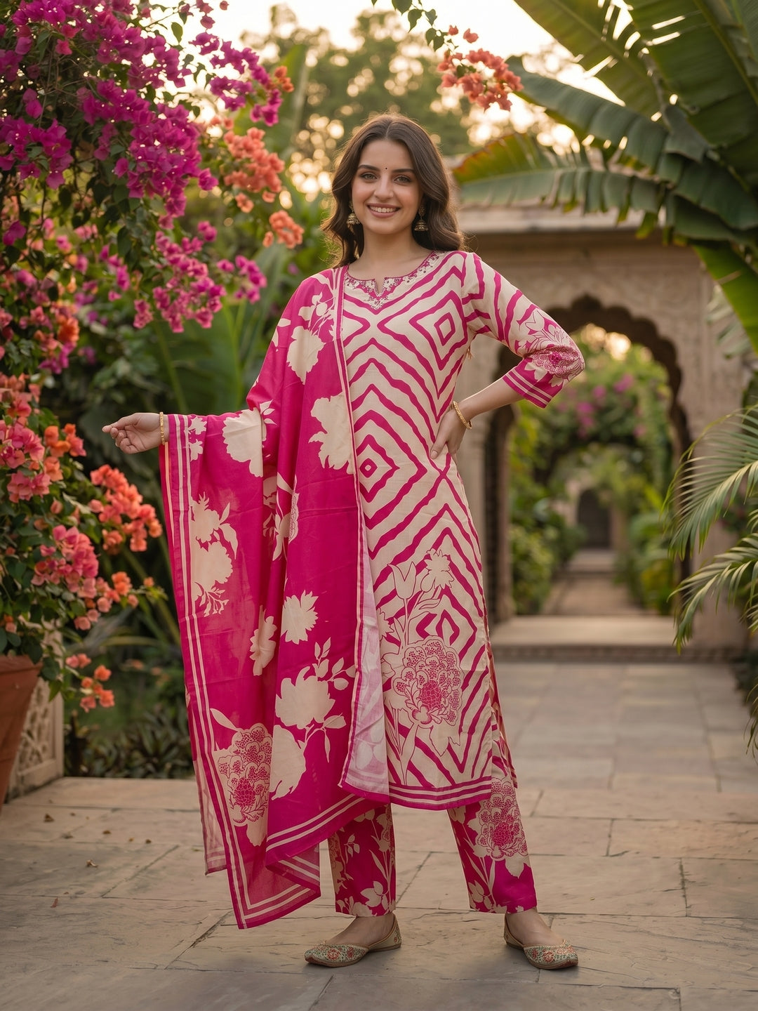 Geometric Abstract Print Mirror Work Straight Kurta with Pant & Dupatta - Pink