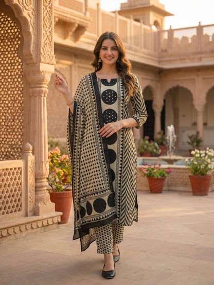 Abstract Geometric Printed Mirror Work & Sequin Straight Kurta with Pant & Dupatta - Black