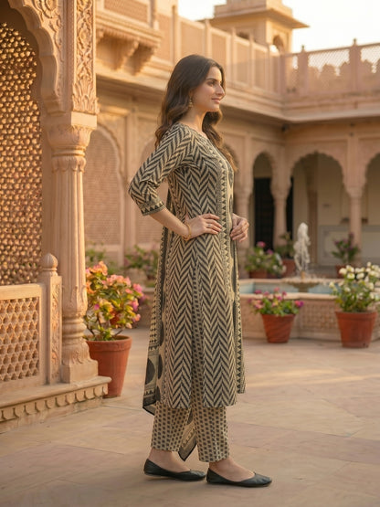 Abstract Geometric Printed Mirror Work & Sequin Straight Kurta with Pant & Dupatta - Black