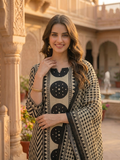 Abstract Geometric Printed Mirror Work & Sequin Straight Kurta with Pant & Dupatta - Black