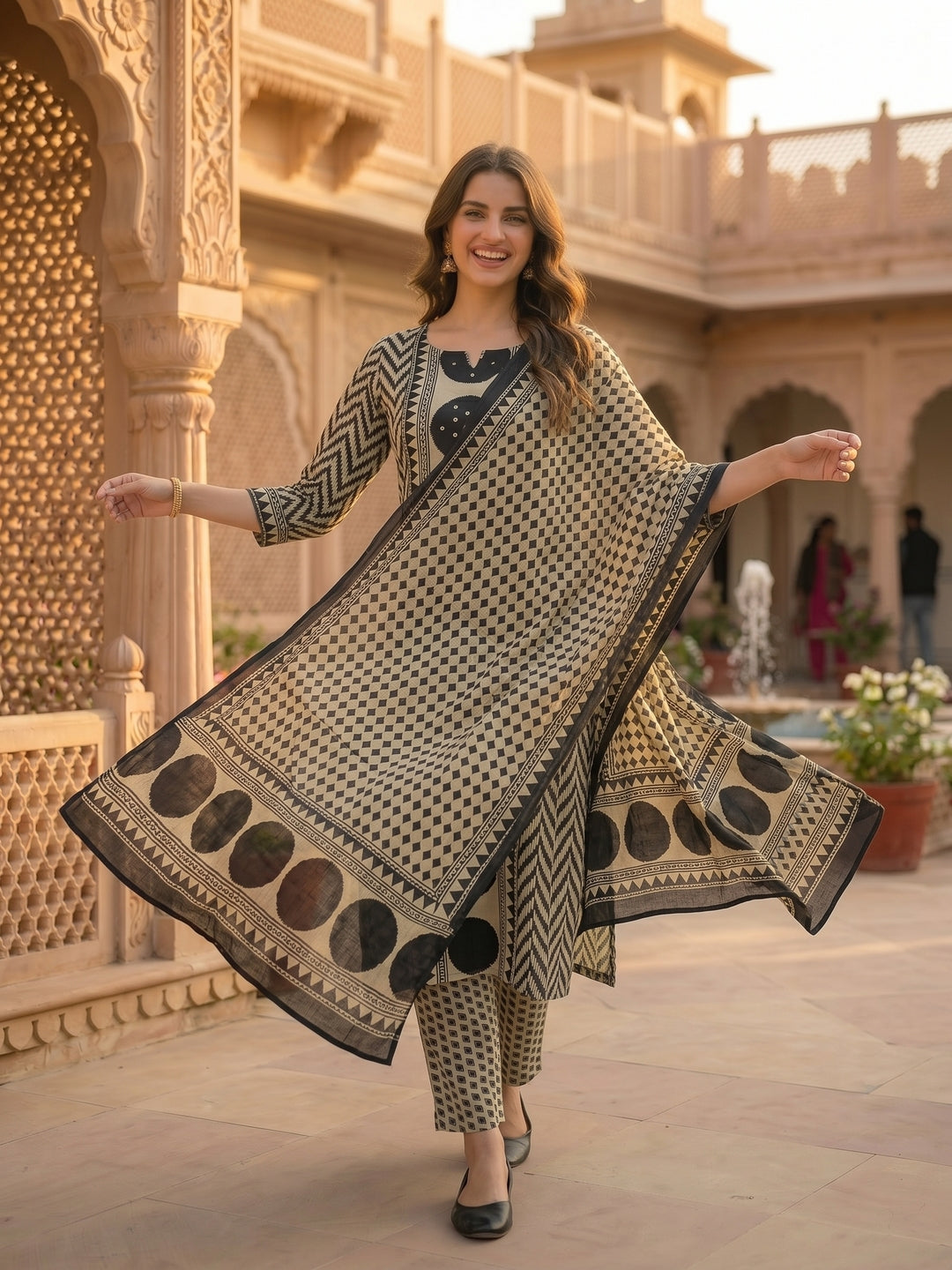 Abstract Geometric Printed Mirror Work & Sequin Straight Kurta with Pant & Dupatta - Black