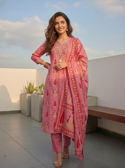 Ethnic Buta Print Mirror Work Straight Kurta with Palazzo & Dupatta - Pink